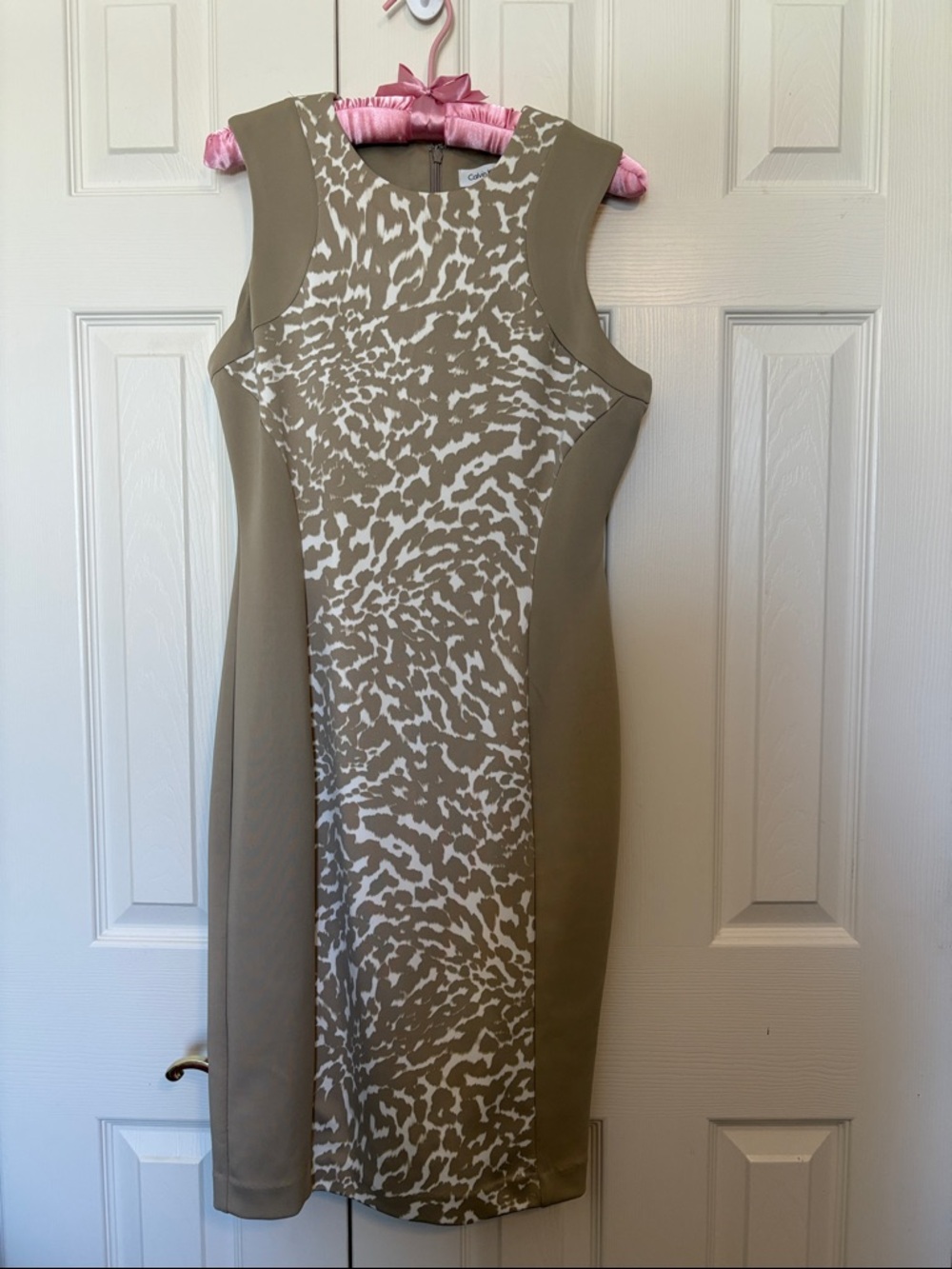 Calvin Klein Taupe & Cream Printed Sheath Midi Dress
